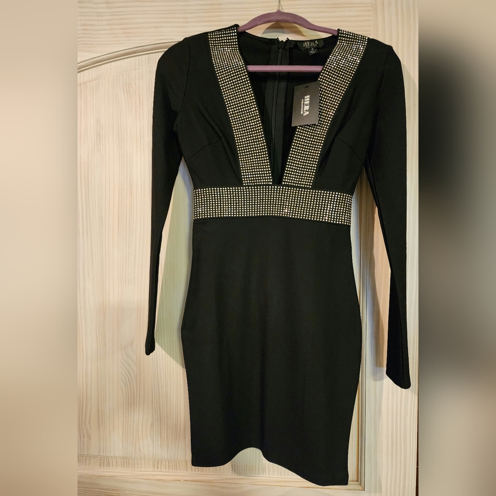 Black long sleeve bandage dress